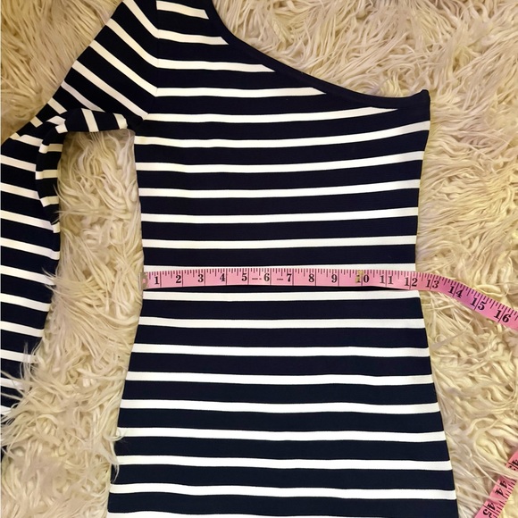 Navy White BCBGMaxazria Striped One-Shoulder Dress bandage Leger bodycon M S - Picture 8 of 8